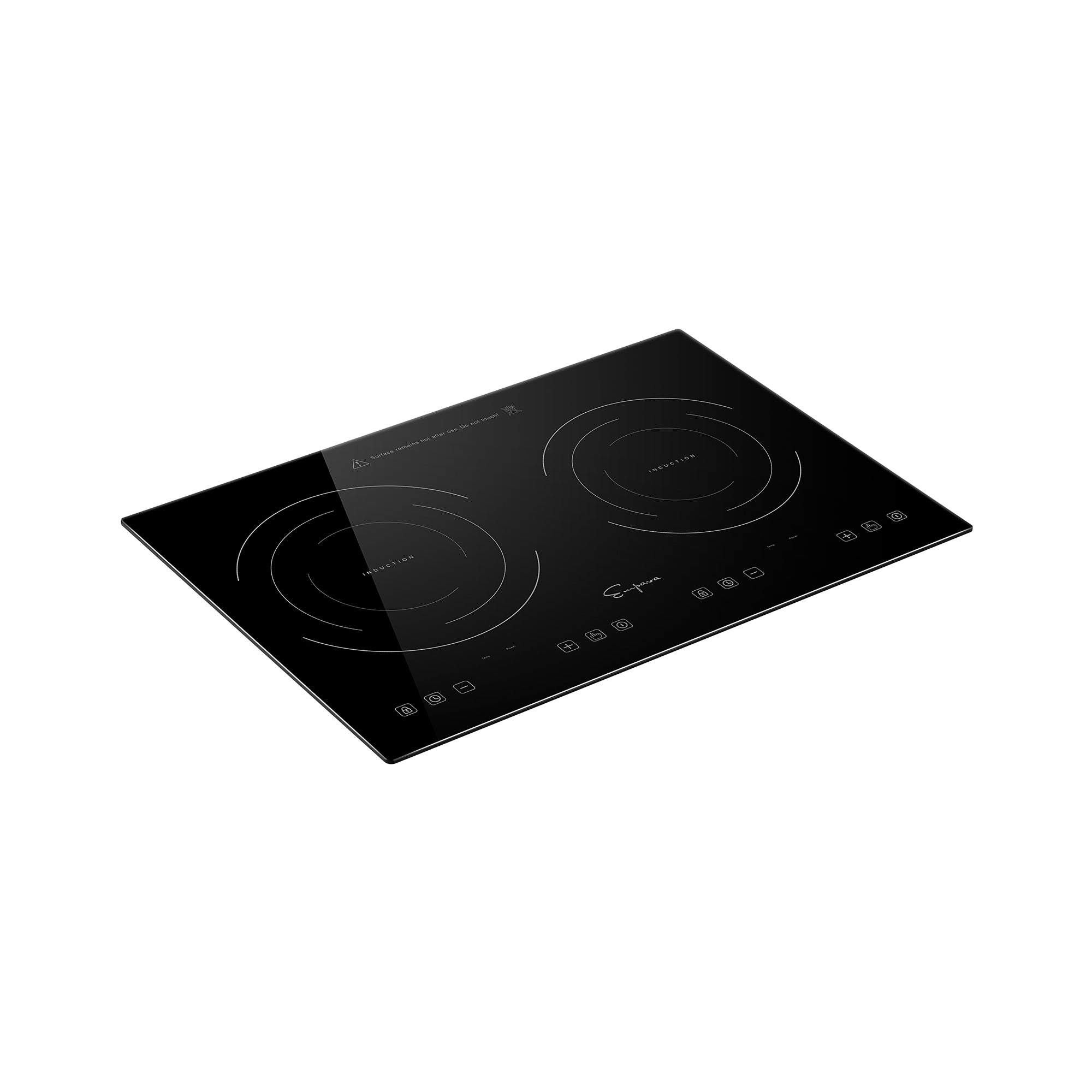 Empava IDC12B2 12 In. Induction Cooktop with two burners, featuring a sleek black glass surface and modern design.